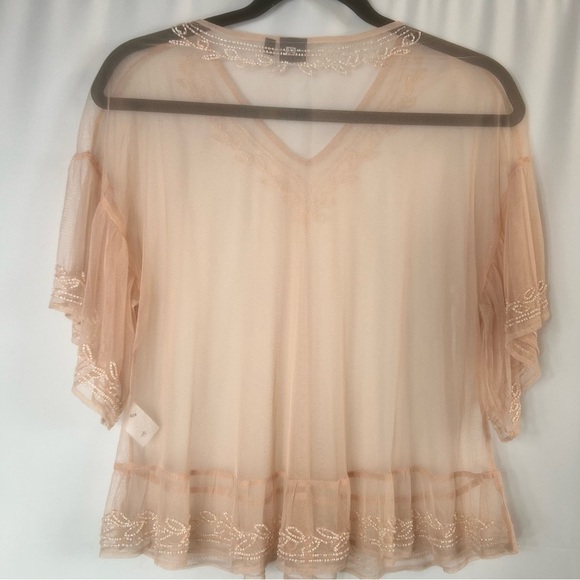 Kaari Blush Pink Beaded Mesh Sheer Boho Cottagecore Blouse Top Women P Small - Picture 7 of 8